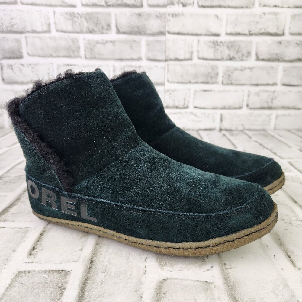 Sorel Nakiska Bootie Slipper Women's Size 8 Black Suede Fur Trim Boot NL3389-011